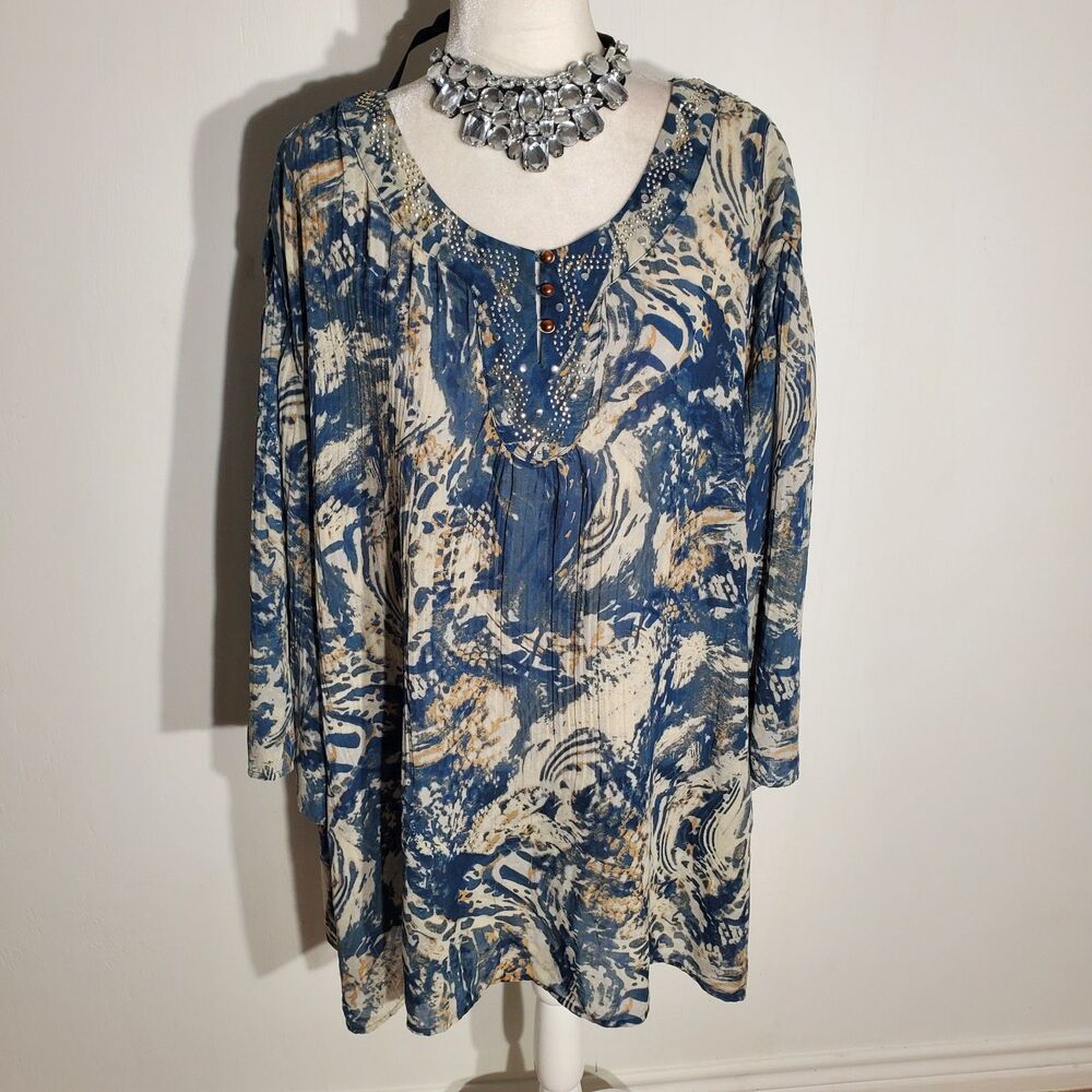 CATHERINES TUNIC BLUE KIMONO SLEEVE POLYESTER SIZE 4X